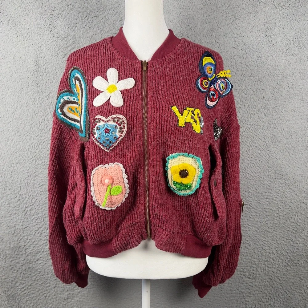 POL Sweater Womens Small Red Cropped Full Zip Oversized Patch Embellishment - Picture 1 of 10